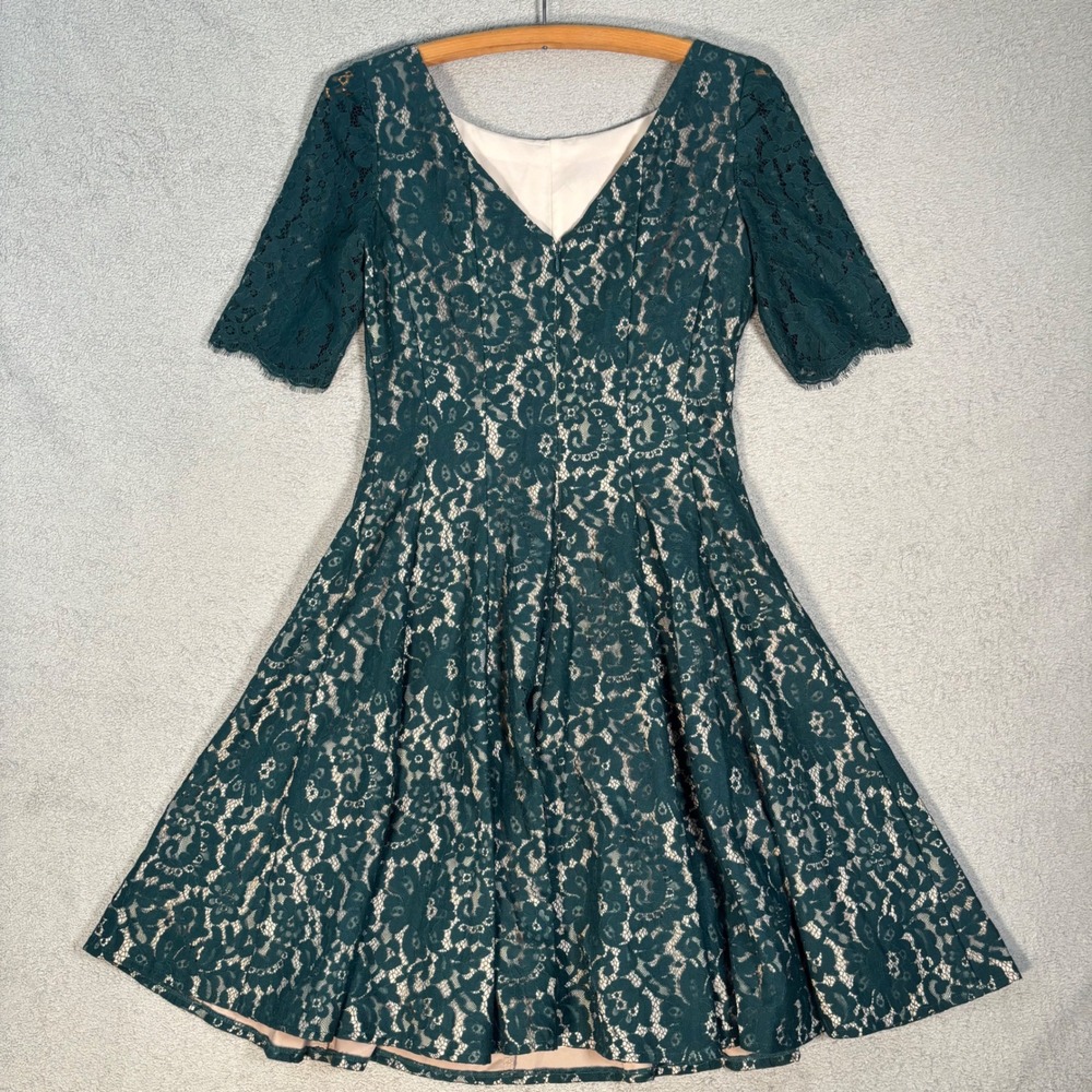 Eliza J Lace Fit N Flare Dress Size 6 Evergreen Lined Midi Illusion Lace Overlay - Picture 7 of 12